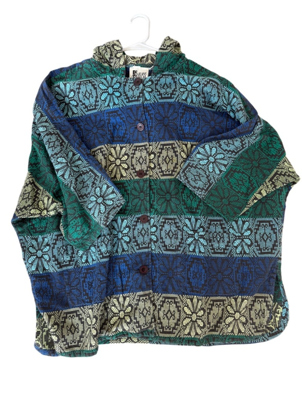 Y2K Vintage Hippie Boho Hooded Pockets Swim Beach Cover Up 100% Cotton Button-Up